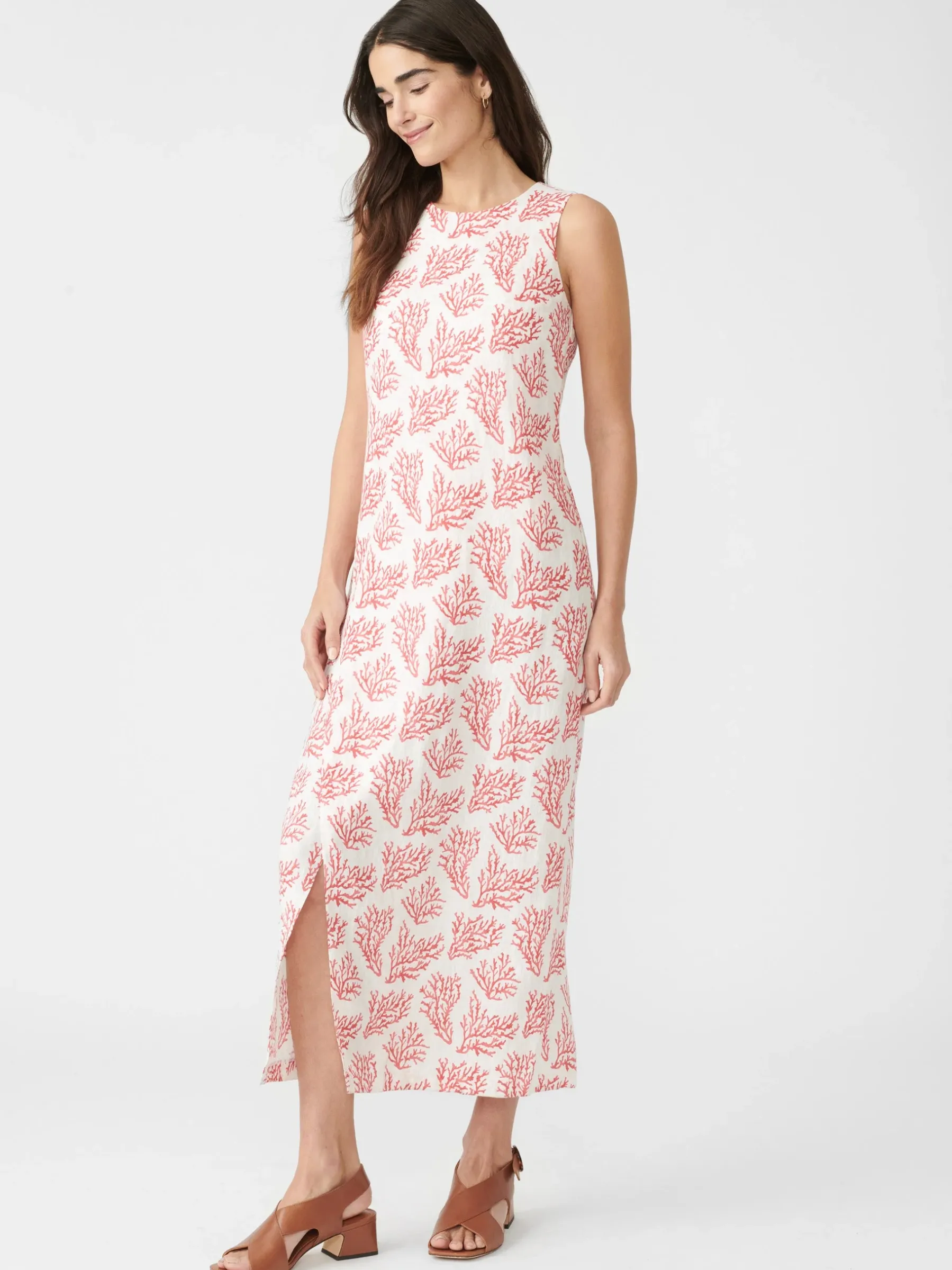Layana Linen Dress In Mega Coral Cay Texture-J.McLaughlin New